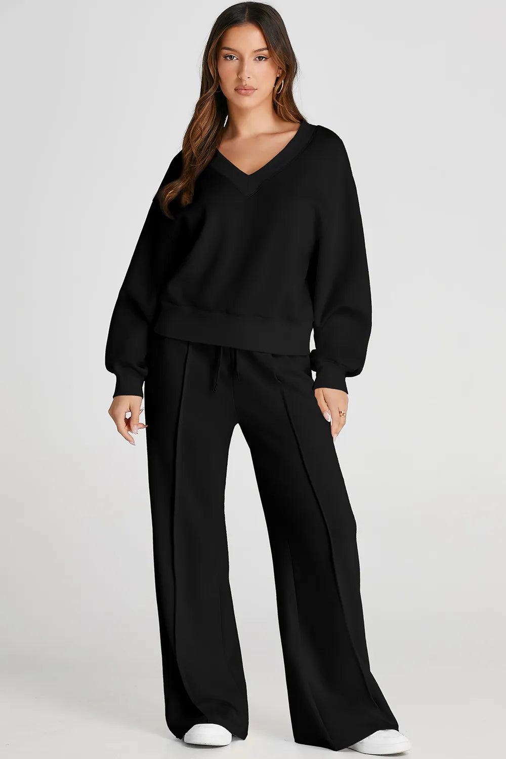 Barevici Meridian v neck set women’s black long sleeve top and pants minimalist lounge co ord, black