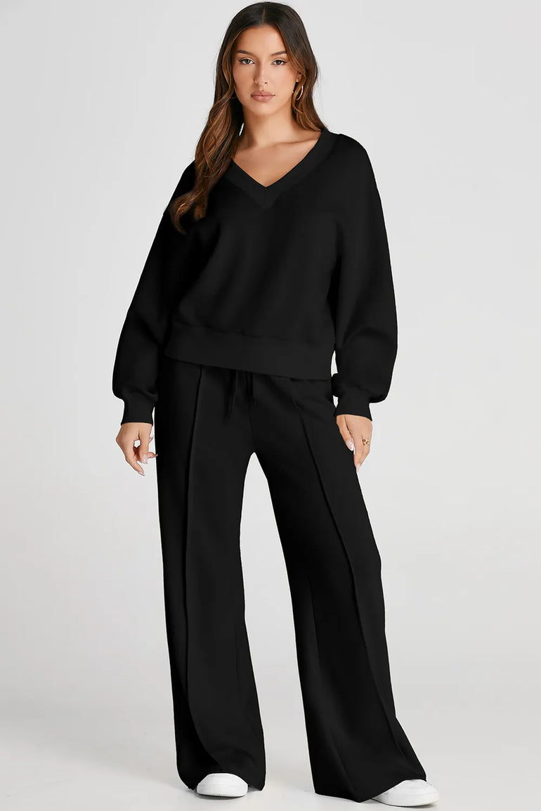 Barevici Meridian v neck set women’s black long sleeve top and pants minimalist lounge co ord, black
