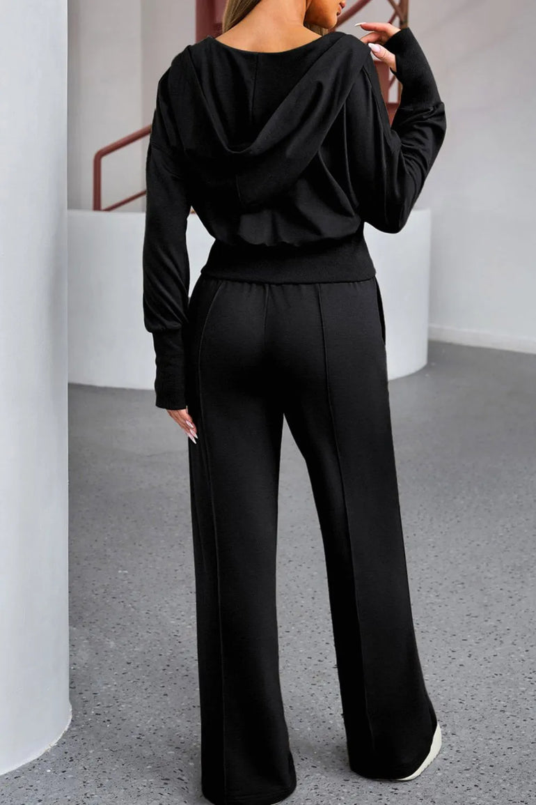 Barevici Vector zip hoodie set women’s zip up hoodie and drawstring pants minimalist active co ord in black. back view.