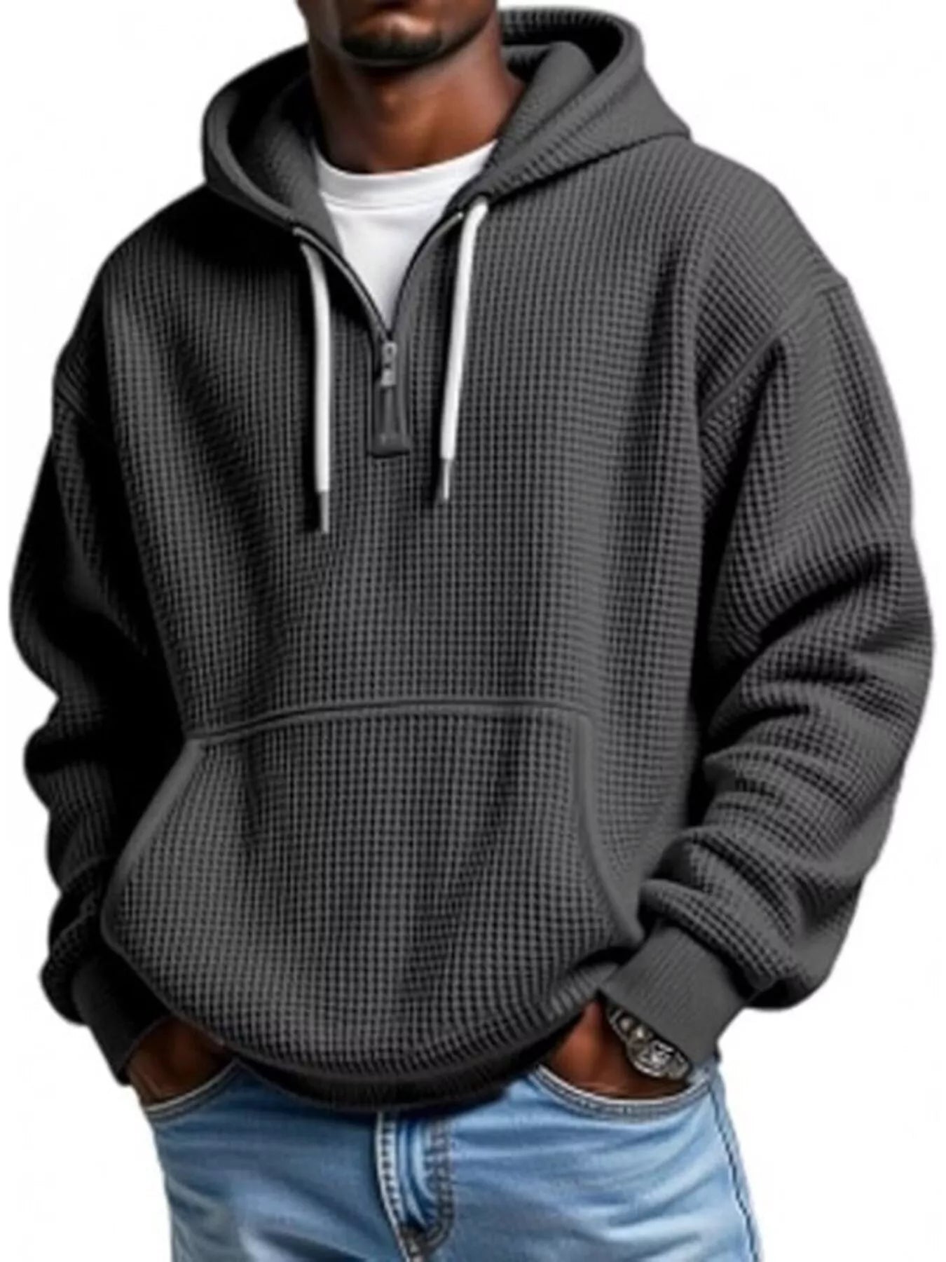 Barevici Loft waffle quarter zip hoodie men’s plus size textured hooded sweatshirt grey