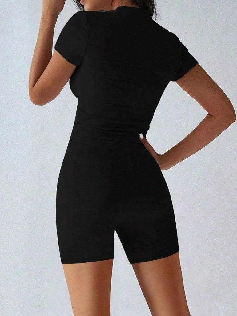 Barevici Cove tee and shorts set women’s minimalist round neck lounge co ord in black, back view
