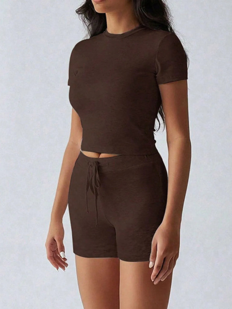 Barevici Cove tee and shorts set women’s minimalist round neck lounge co ord in brown