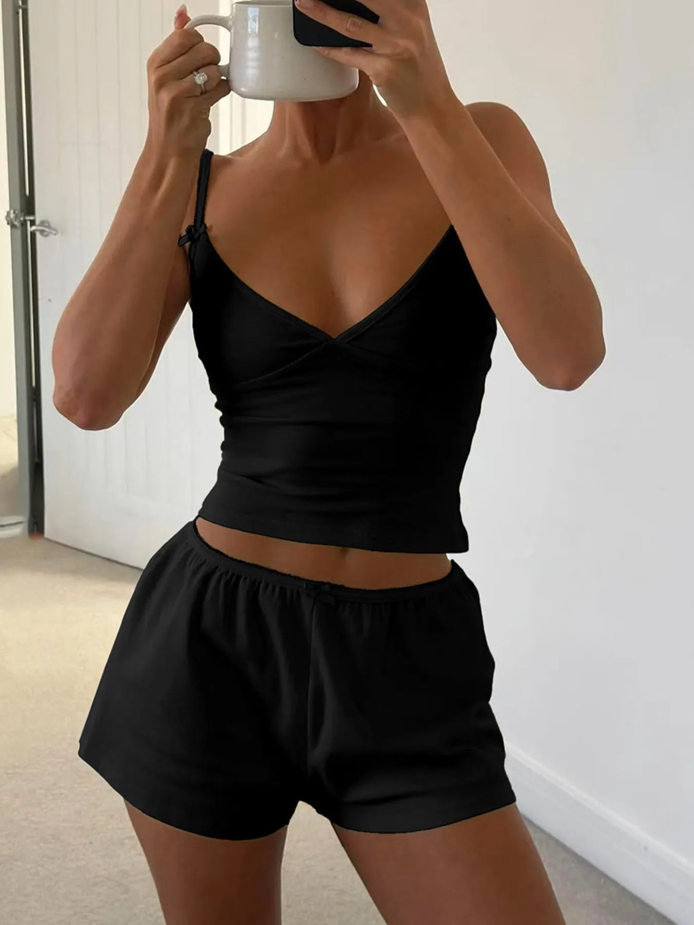 Barevici Luma v neck cami and shorts set women’s minimalist lounge co ord black