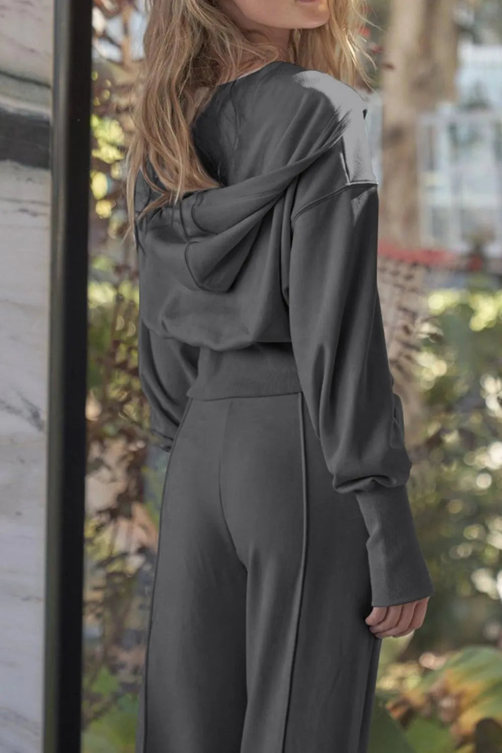 Barevici Vector zip hoodie set women’s zip up hoodie and drawstring pants minimalist active co ord in dark gray. back view