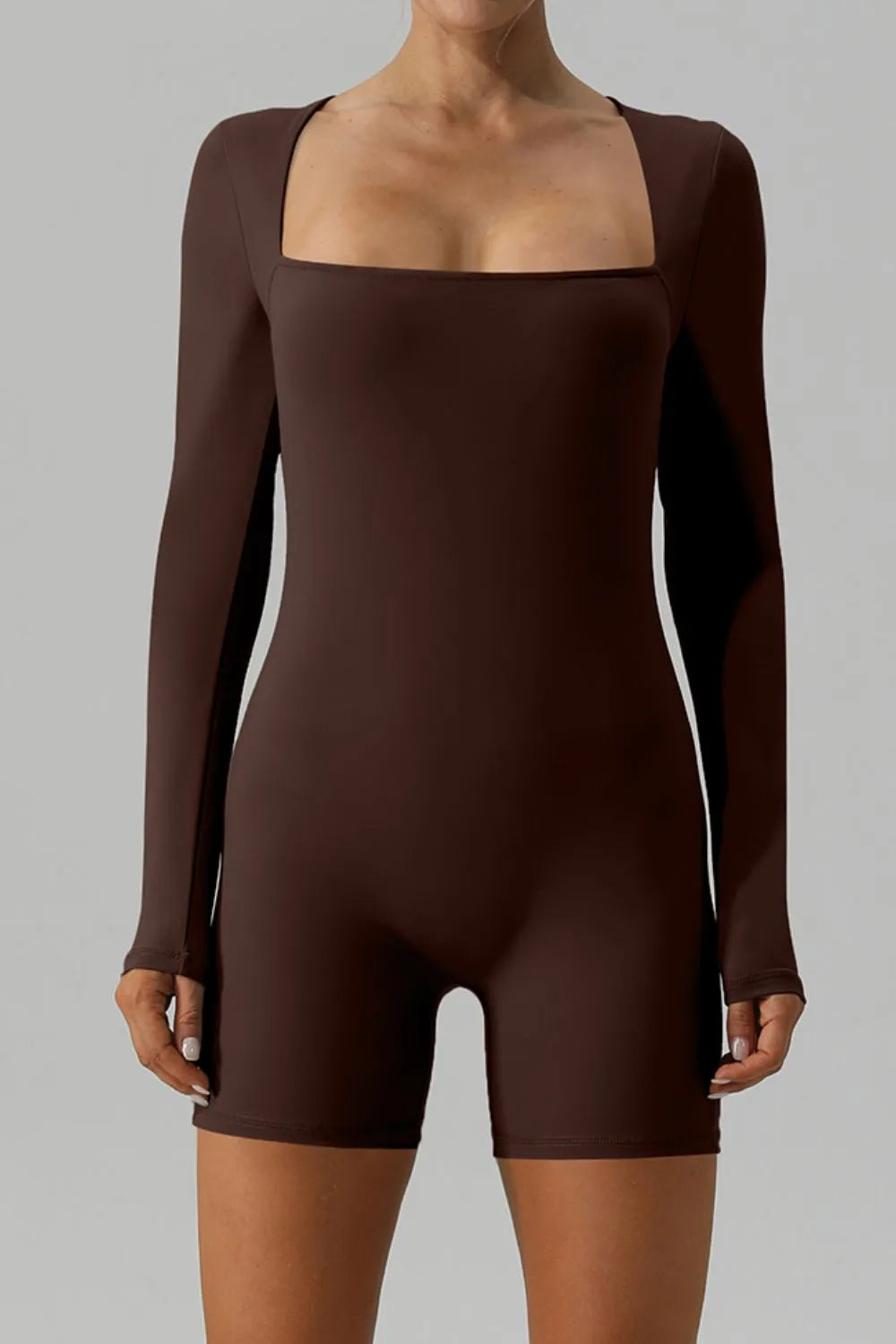 Barevici Aura long sleeve active romper women’s square neck minimalist one piece brown