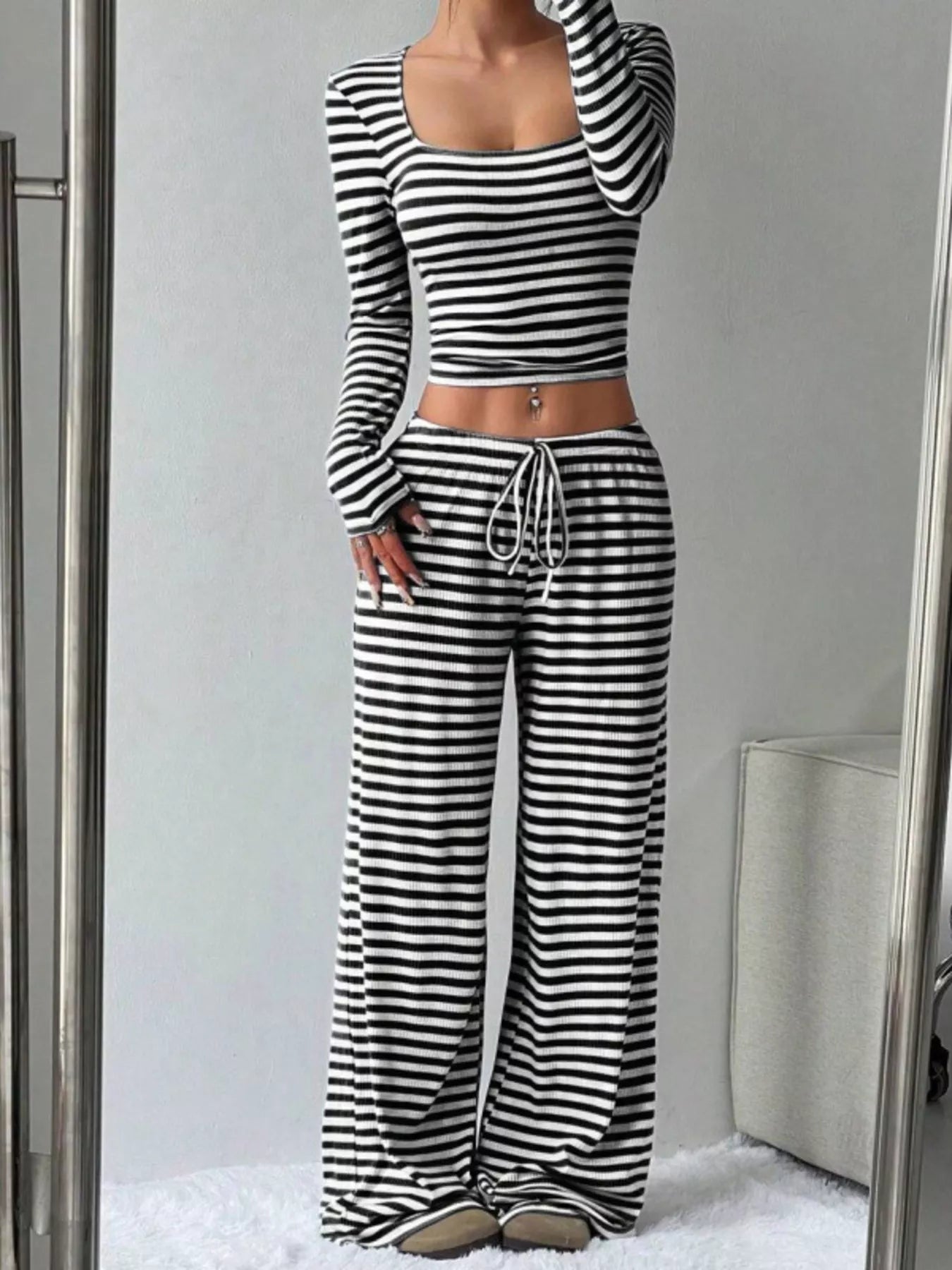 Barevici Horizon stripe set women’s striped long sleeve crop top and wide leg pants co ord black stripes