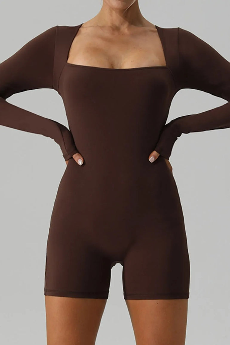 Barevici Aura long sleeve active romper women’s square neck minimalist one piece brown