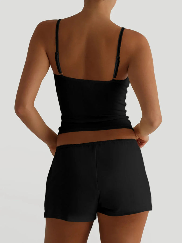 Barevici Luma v neck cami and shorts set women’s minimalist lounge co ord black back view