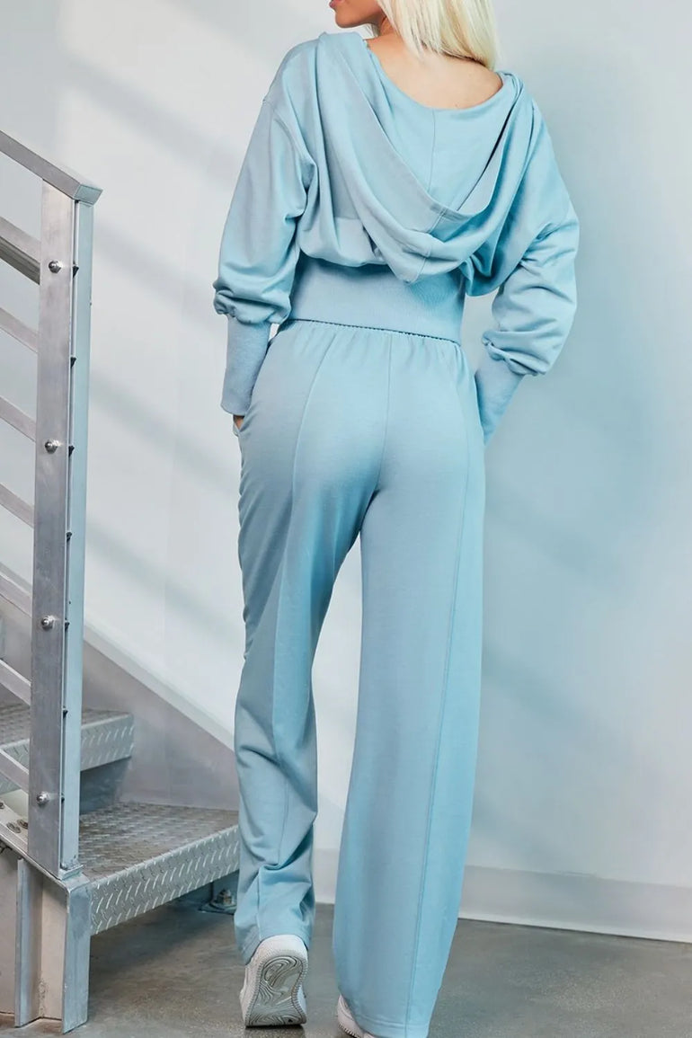 Barevici Vector zip hoodie set women’s zip up hoodie and drawstring pants minimalist active co ord in Light Blue. back view