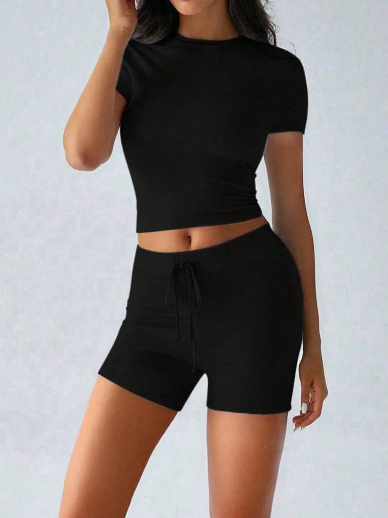 Barevici Cove tee and shorts set women’s minimalist round neck lounge co ord in black