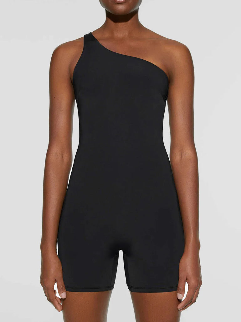 Barevici Solo one shoulder active romper women’s minimalist sculpting one piece in black