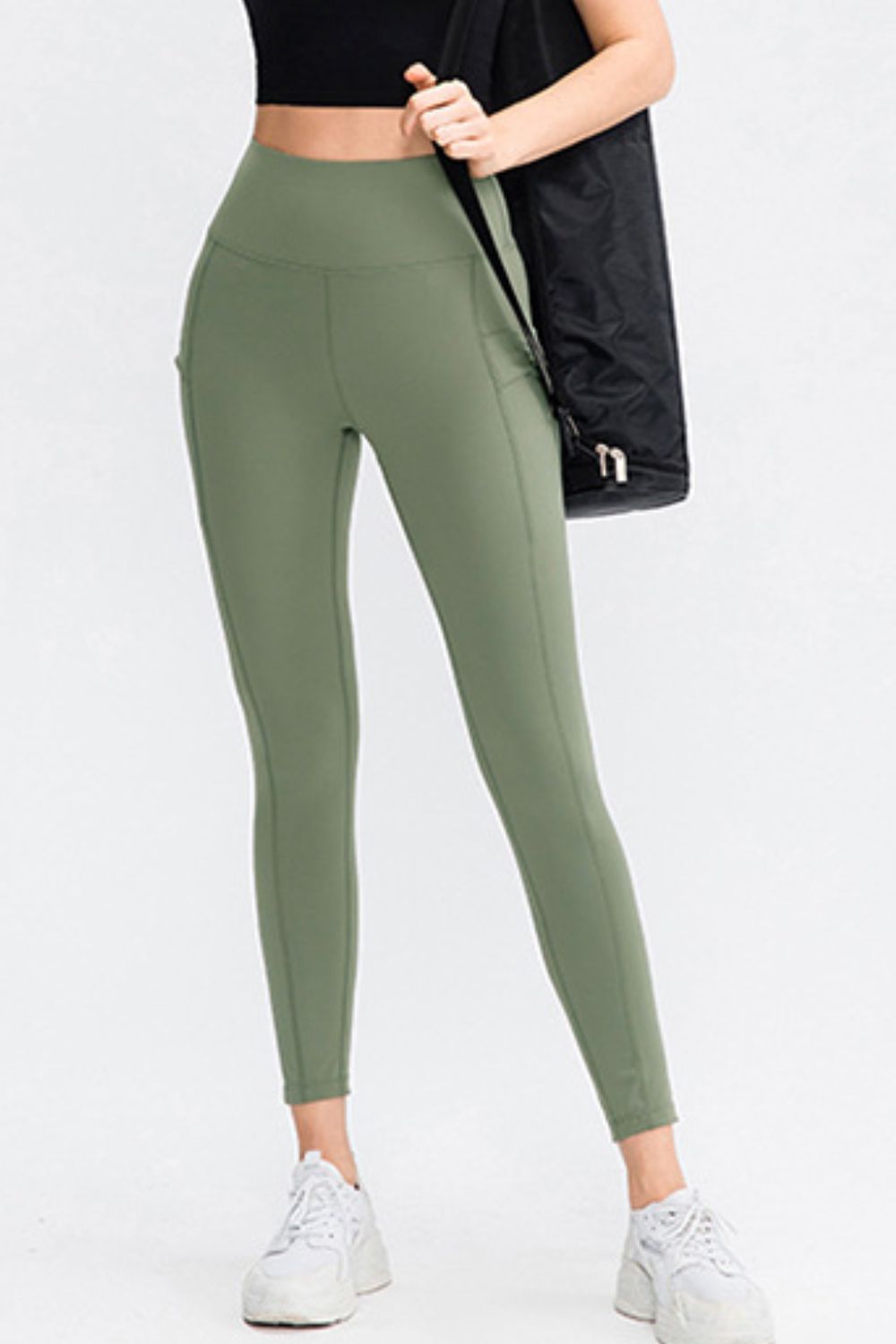 Barevici Relay pocket pants women’s wide waistband slim fit long sports tights with pockets in Sage.