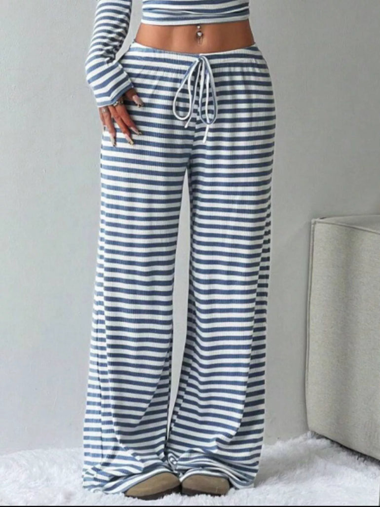 Barevici Horizon stripe set women’s striped long sleeve crop top and wide leg pants co ord navy blue stripes pants