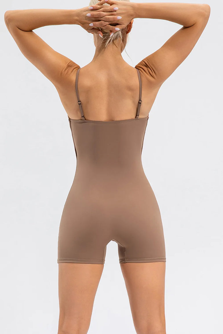 Barevici Lumen spaghetti strap romper women’s minimalist round neck one piece in khaki, back view