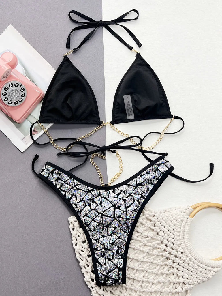 Barevici sequin halter neck bikini set women's minimalist shimmer swimwear