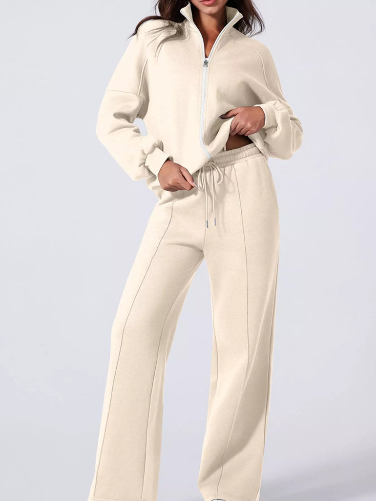 Barevici Motion zip track set women’s drop shoulder jacket and drawstring pants active co ord in beige