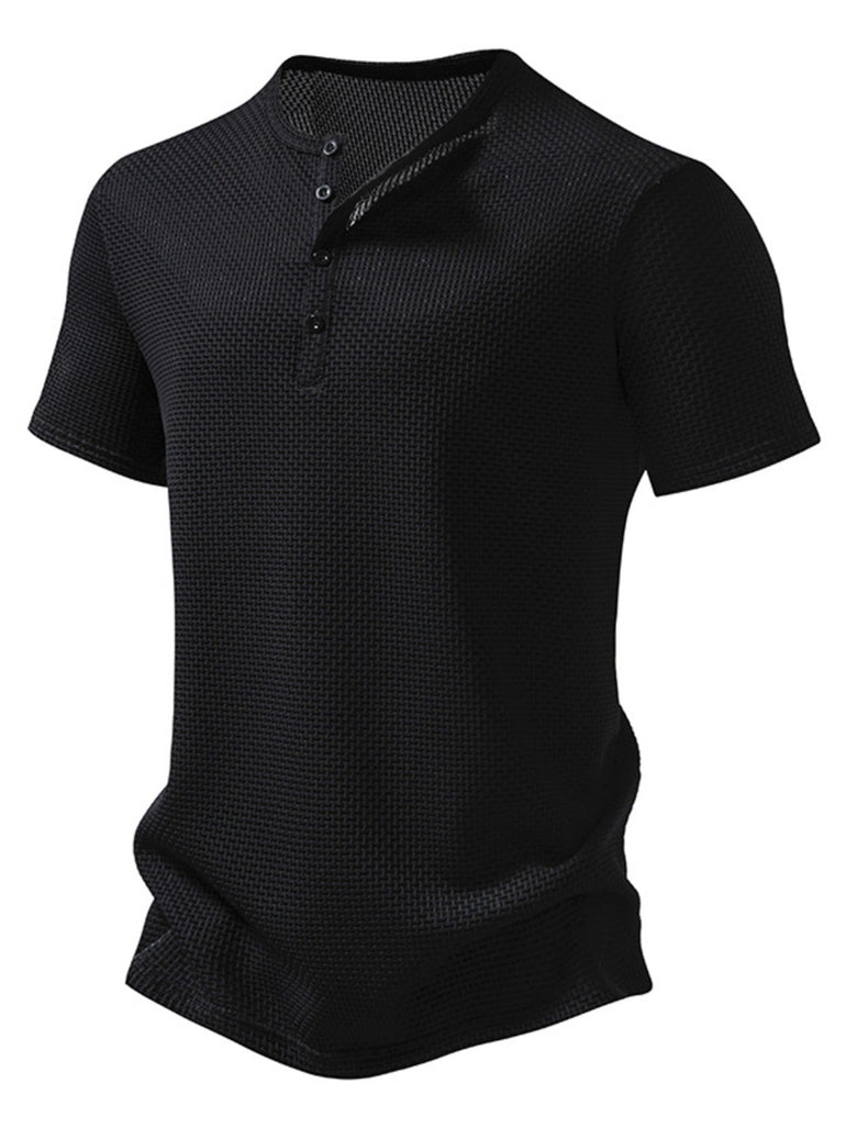 Barevici Soho textured Henley tee men’s minimalist button detail t shirt black