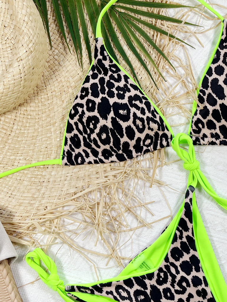 Barevici leopard print halter neck tie side bikini set women's minimalist adjustable swimwear close up