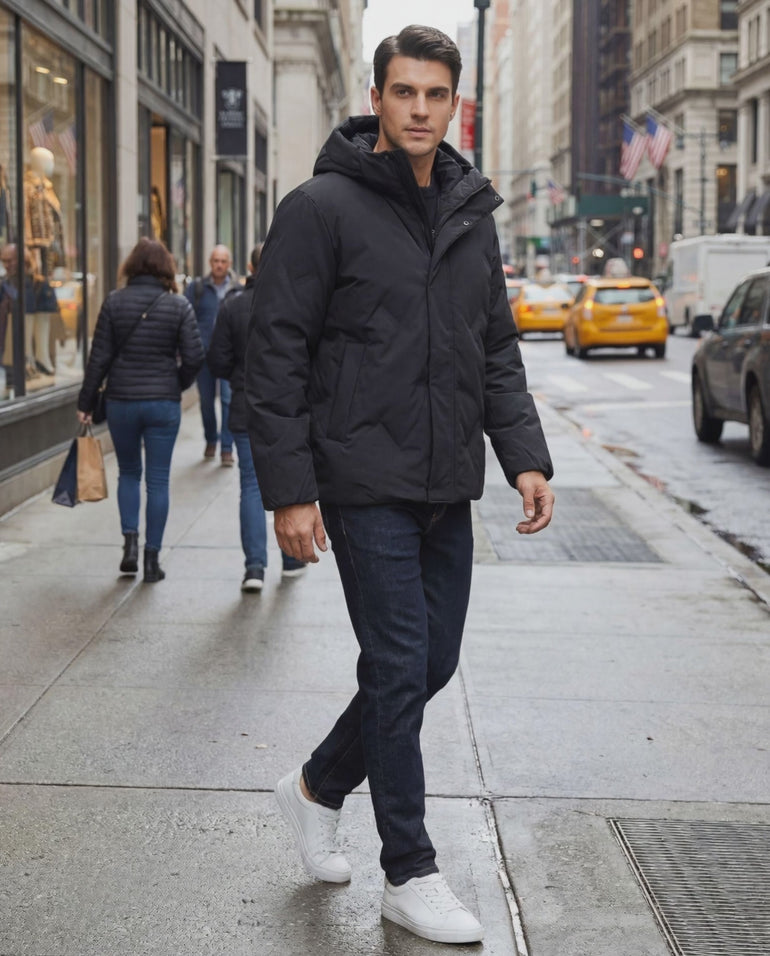 Barevici Northline Hooded Jacket men’s full size padded winter jacket on model 2XL walking in the street