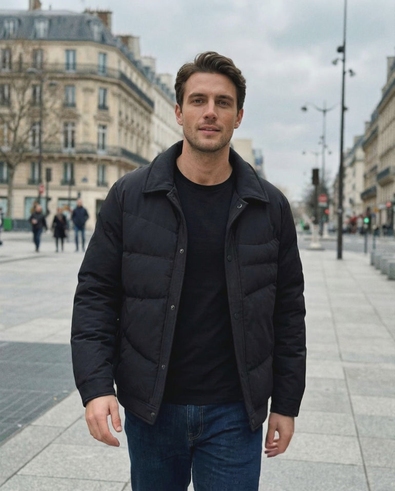 man wearing Barevici Oslo Snap-Down Puffer Jacket, front view then back view