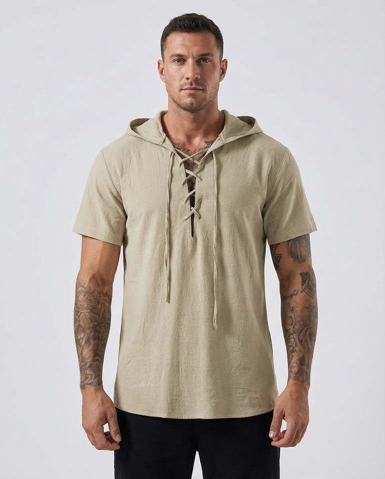 Men’s full size Terra Lace-Up Hooded Top side view, minimalist casual hoodie
