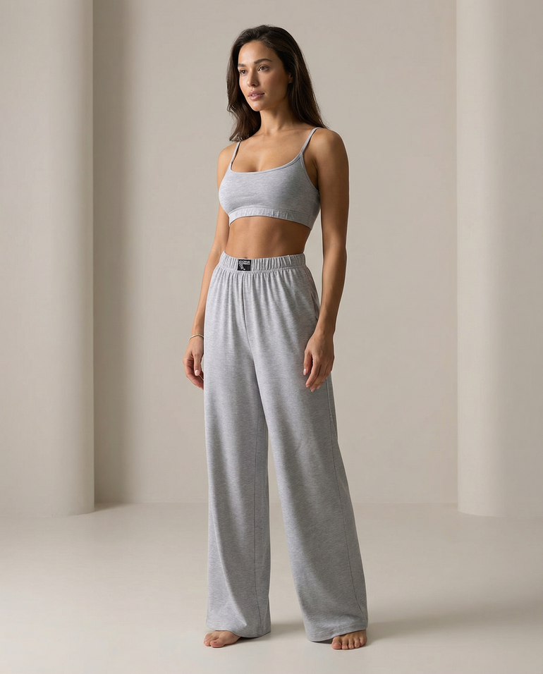 Barevici Sloan cami and pants set women’s minimalist scoop neck lounge co ord light grey on model.