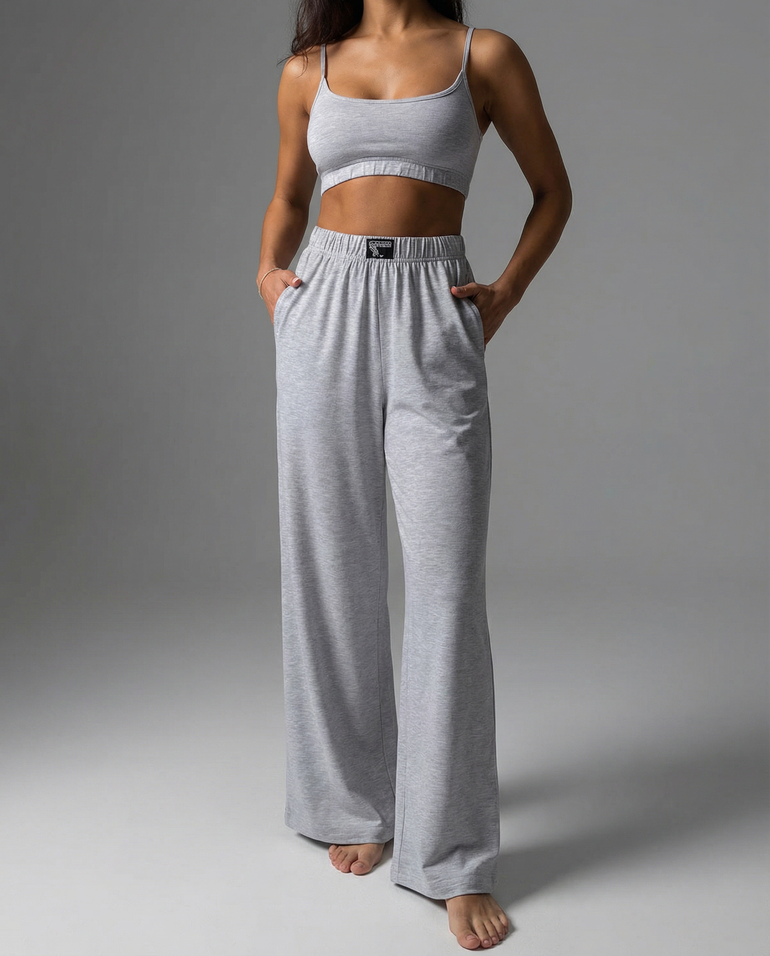 Barevici Sloan cami and pants set women’s minimalist scoop neck lounge co ord light grey on model in studio